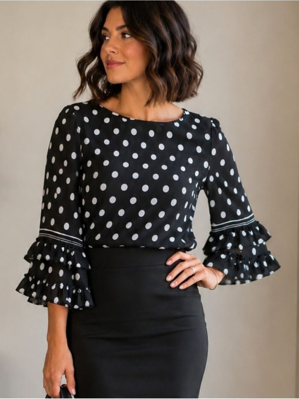 MAX STUIDO BLACK WHITE POLKA DOT STATEMENT SLEEVE RUFFLE BLOUSE TOP SIZE MEDIUM